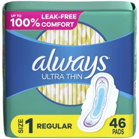 Always Ultra Thin Daytime Pads with Wings, Size 1, Regular, Unscented, 46 Ct