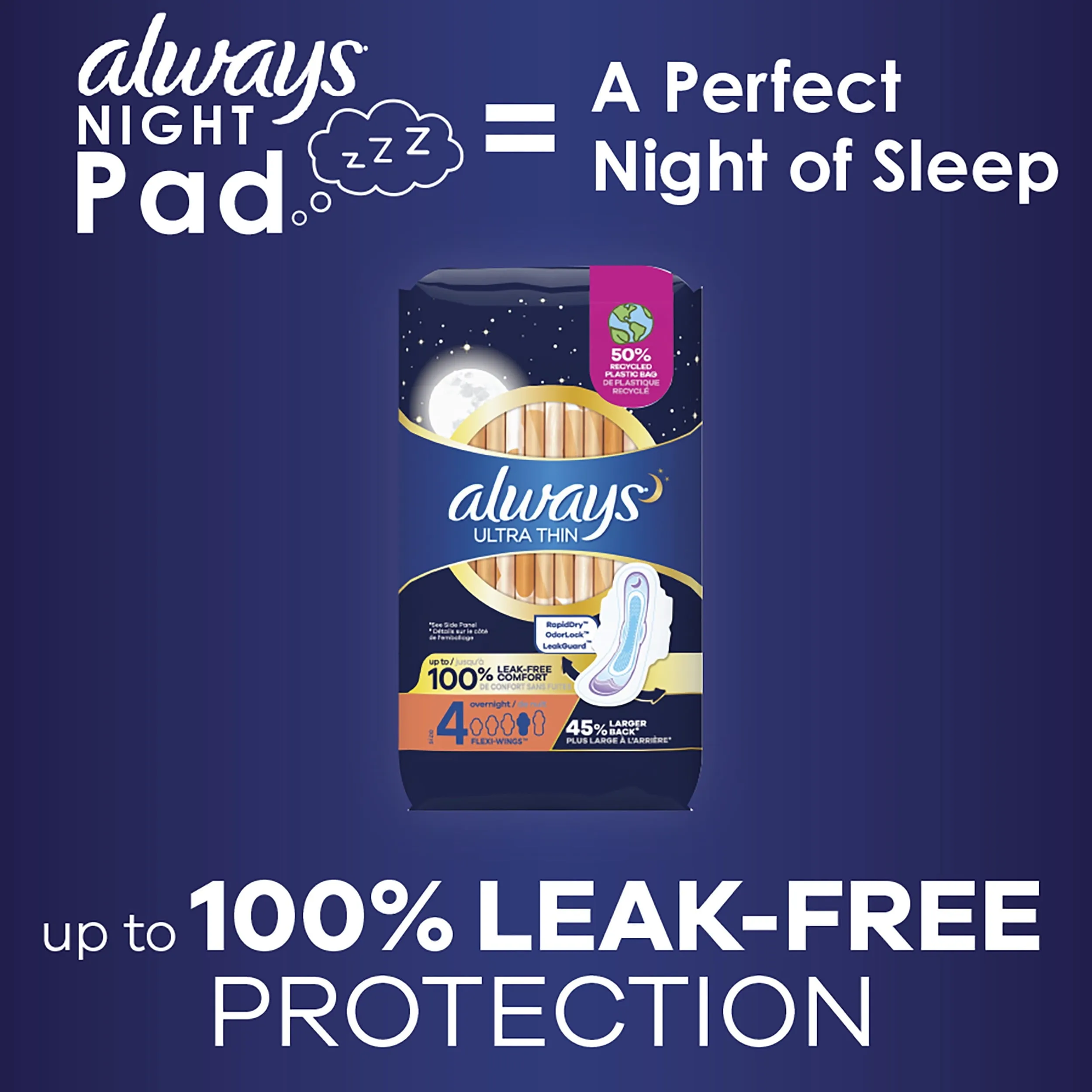 Always Ultra Thin Overnight Pads with Wings, Size 4, Overnight Absorbency, 36 Count