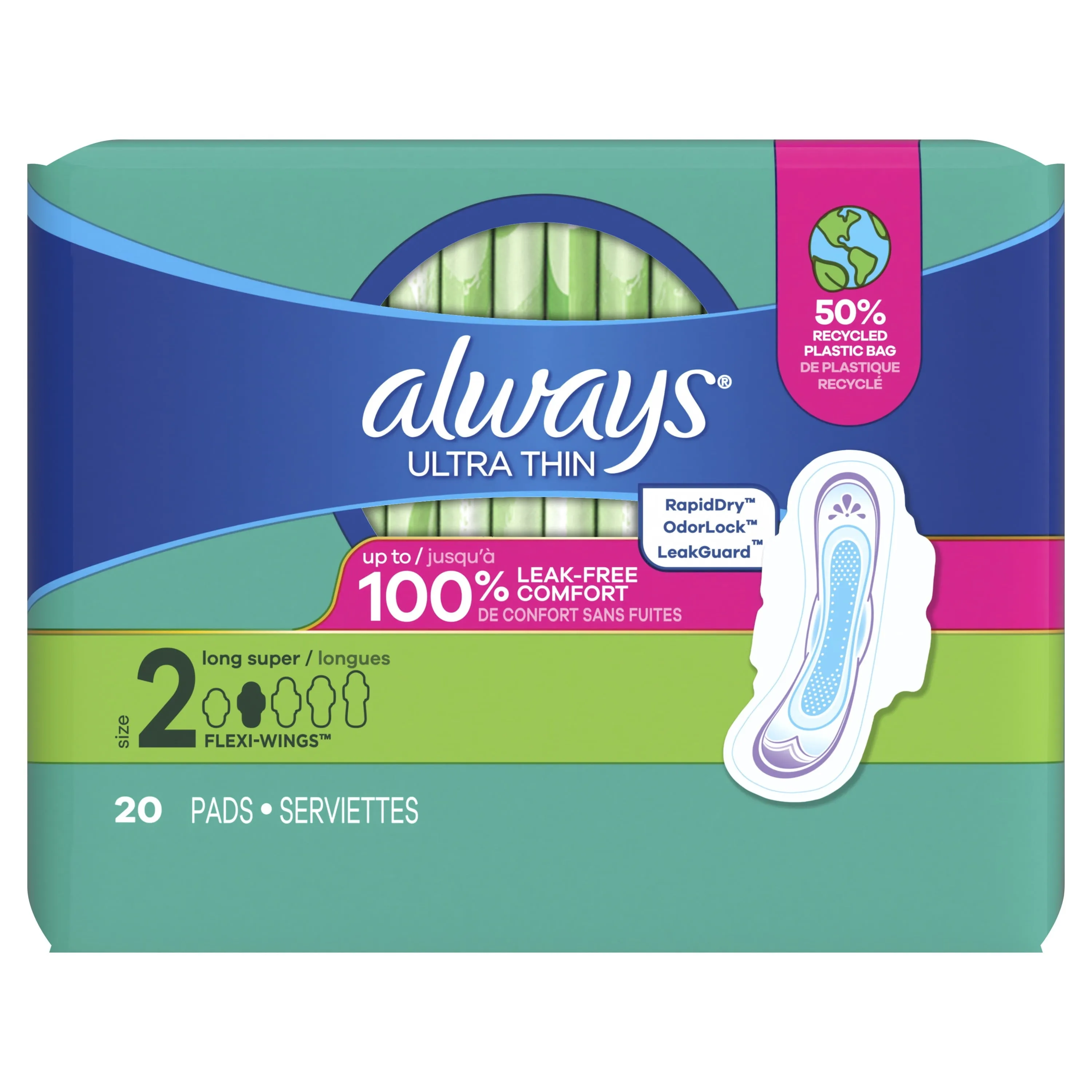 Always Ultra Thin Pads with Wings, Size 2, Long Super Absorbency, 20 CT