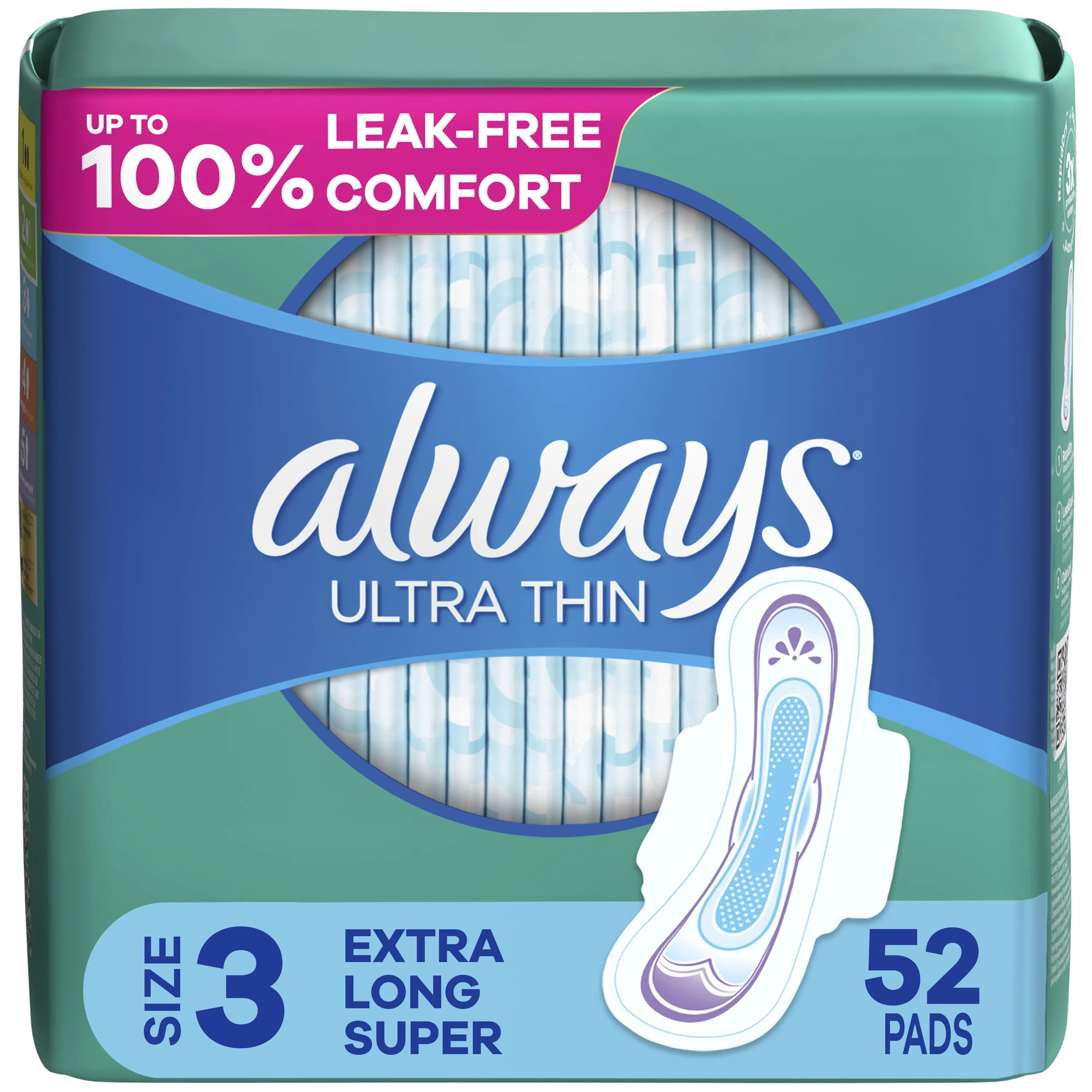 Always Ultra Thin Pads with Wings, Size 3, Extra Long Super Absorbency, 52 CT