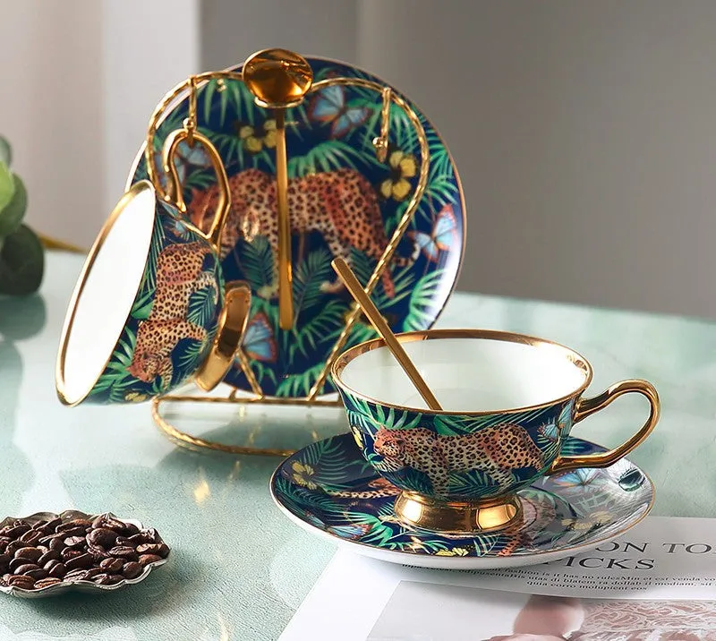 Creative Leopard Ceramic Coffee Cups, Unique Tea Cups and Saucers in Gift Box as Birthday Gift, Beautiful British Tea Cups, Creative Bone China Porcelain Tea Cup Set