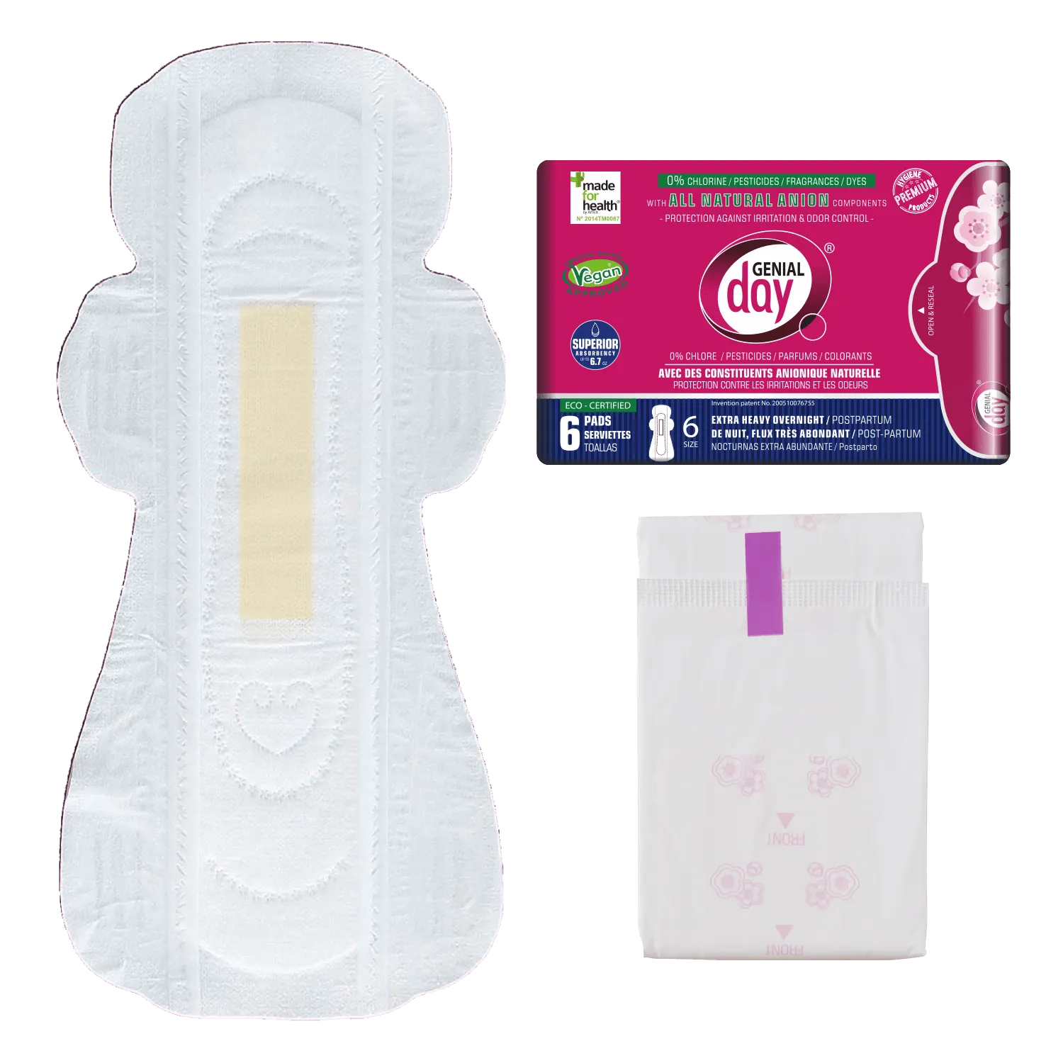 ECO-certified Extra Heavy Overnight/Postpartum Pads with Anion Strip