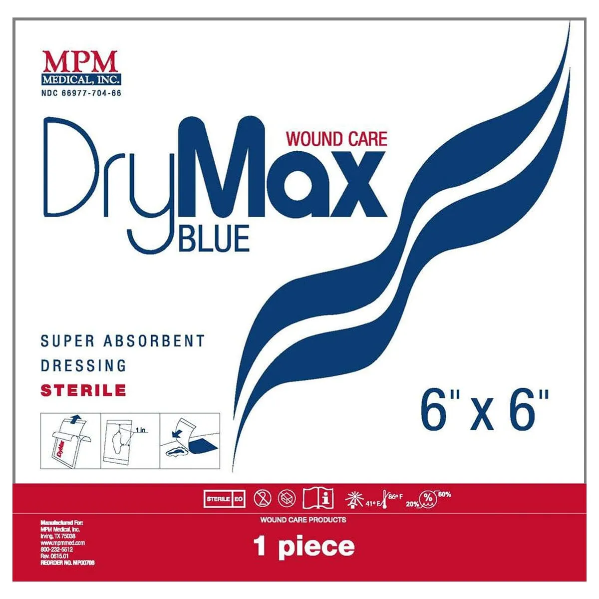 MPM Medical DryMax Blue Super Absorbent Wound Dressing, with Waterproof Layer, 6" x 6"