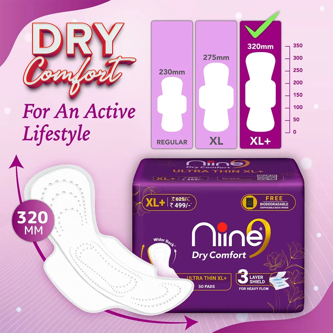 NIINE Dry Comfort Ultra Thin XL  Sanitary Napkins for Heavy Flow (Pack of 1) 50 Pads with Free Biodegradable disposable bags