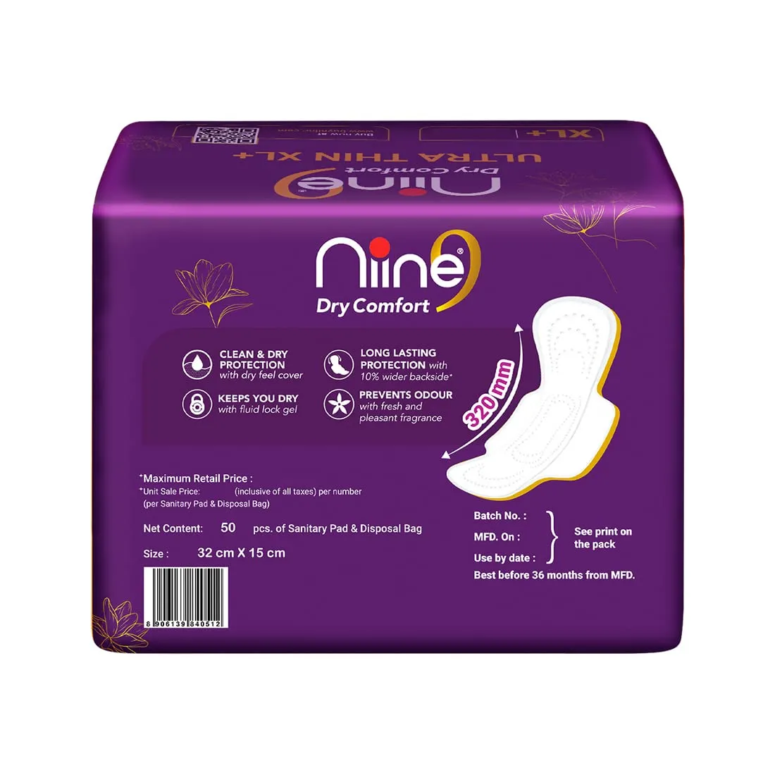 NIINE Dry Comfort Ultra Thin XL  Sanitary Napkins for Heavy Flow (Pack of 1) 50 Pads with Free Biodegradable disposable bags