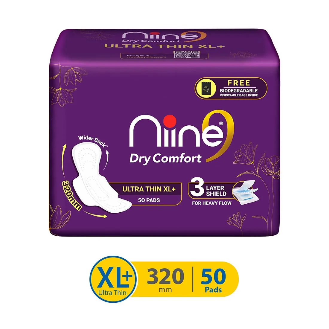 NIINE Dry Comfort Ultra Thin XL  Sanitary Napkins for Heavy Flow (Pack of 1) 50 Pads with Free Biodegradable disposable bags