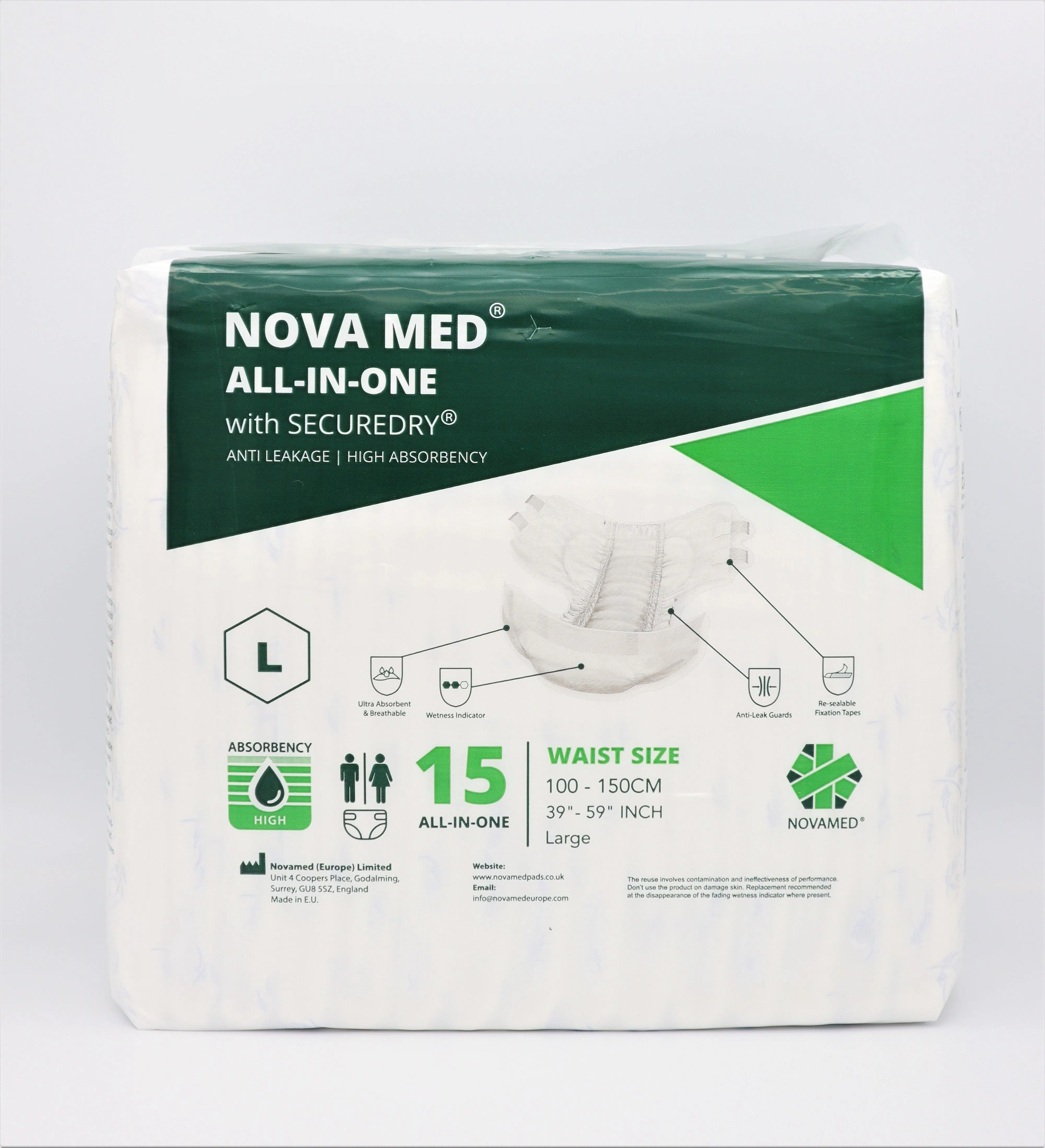 Novamed All in Ones Incontinence Pads, Incontinence Slips, Adult Nappies (15 per bag) - Sizes Medium to Extra Large- A British Brand