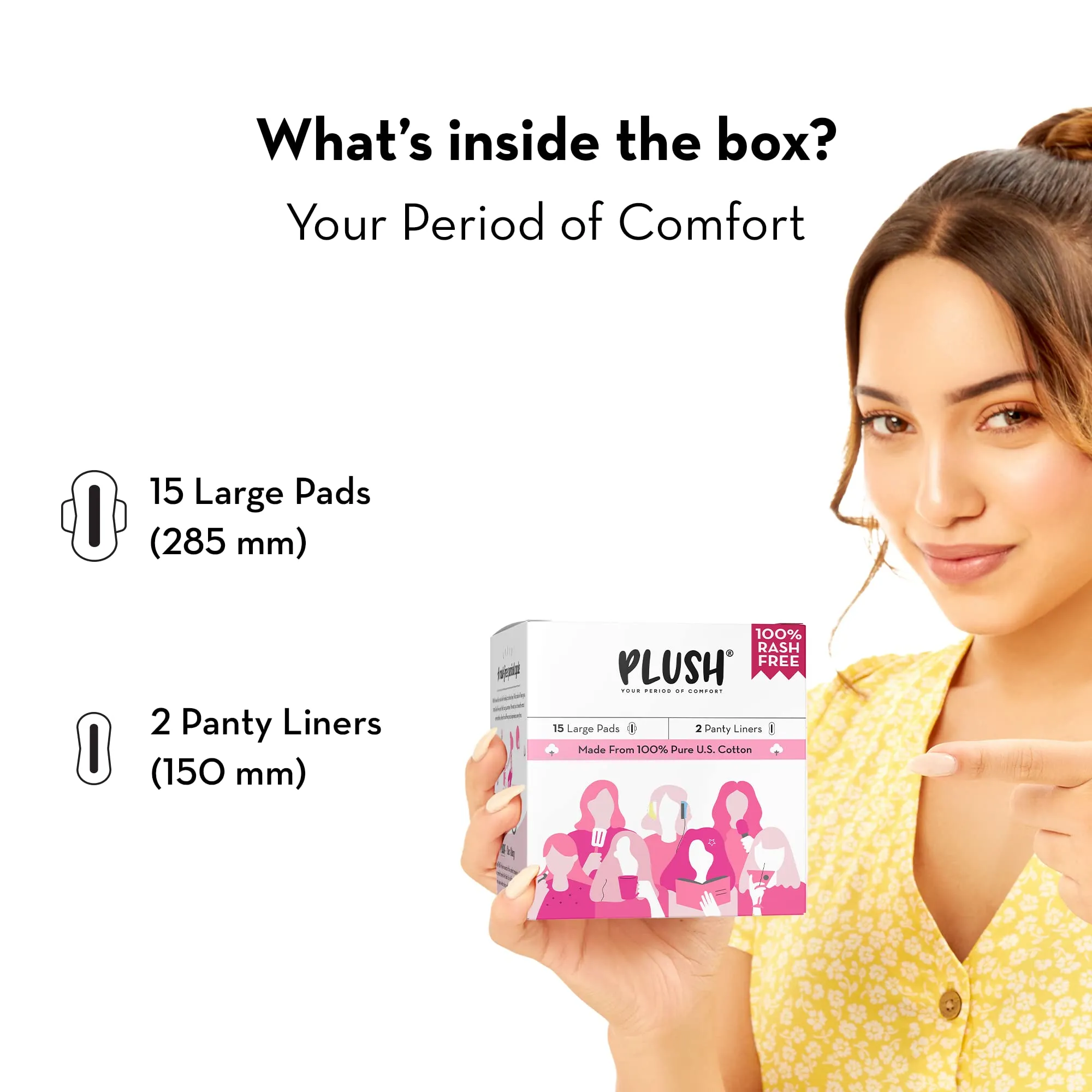 Plush Ultra-Thin Sanitary Pads For Women, 15 Large Natural Cotton Sanitary Napkins | Super Absorbent 15 Medium Flow Pads   2 Panty Liners For Rash Free Periods | Pure U.S. Cotton Pads