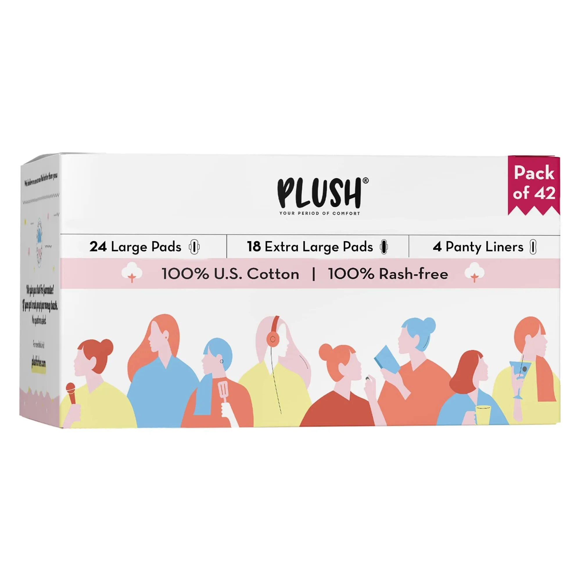 Plush Ultra-Thin Sanitary Pads For Women, 42 Cotton Sanitary Napkins | 18 Medium Flow XL   24 Light Flow L   4 Panty Liners For Rash Free Periods | Pure U.S. Cotton Pads