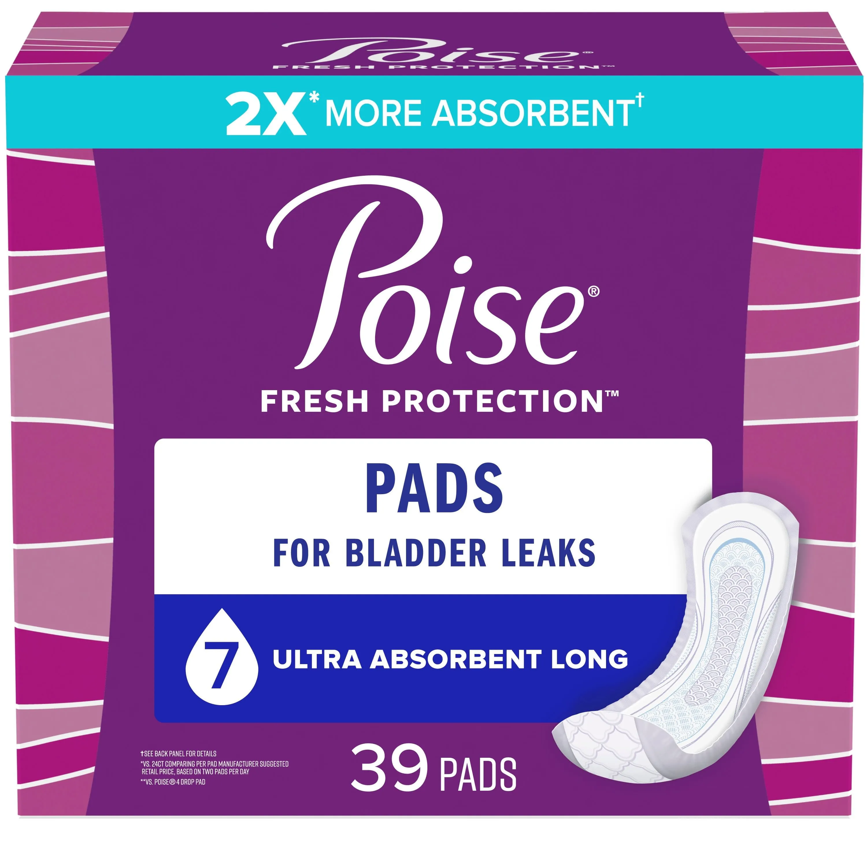 Poise Incontinence Pads for Women, 7 Drop, Ultra Absorbency, Long, 39Ct