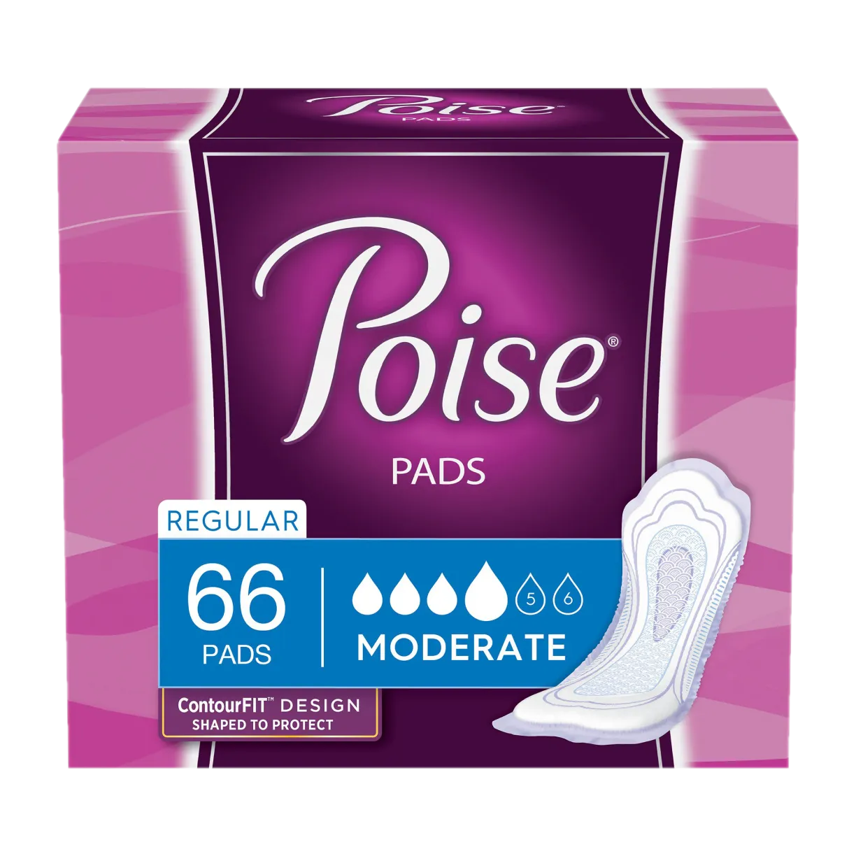 Poise Pads for Women, Moderate Absorbency, Regular Length, 66 count