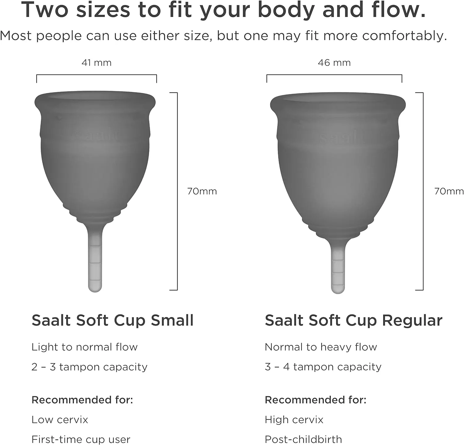 Saalt, Soft Menstrual Cup - Super Soft and Flexible - Best Sensitive Cup - Wear for 12 Hours - Tampon and Pad Alternative (Grey, Regular)