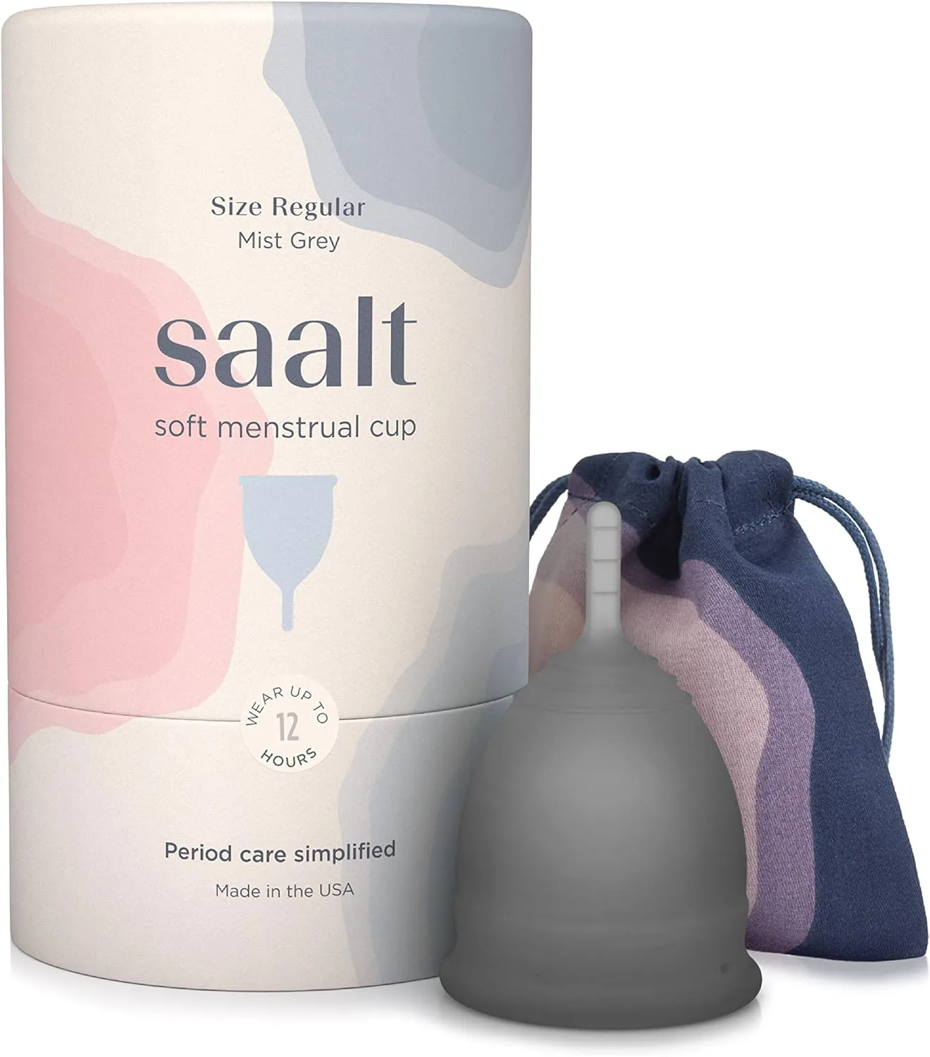 Saalt, Soft Menstrual Cup - Super Soft and Flexible - Best Sensitive Cup - Wear for 12 Hours - Tampon and Pad Alternative (Grey, Regular)