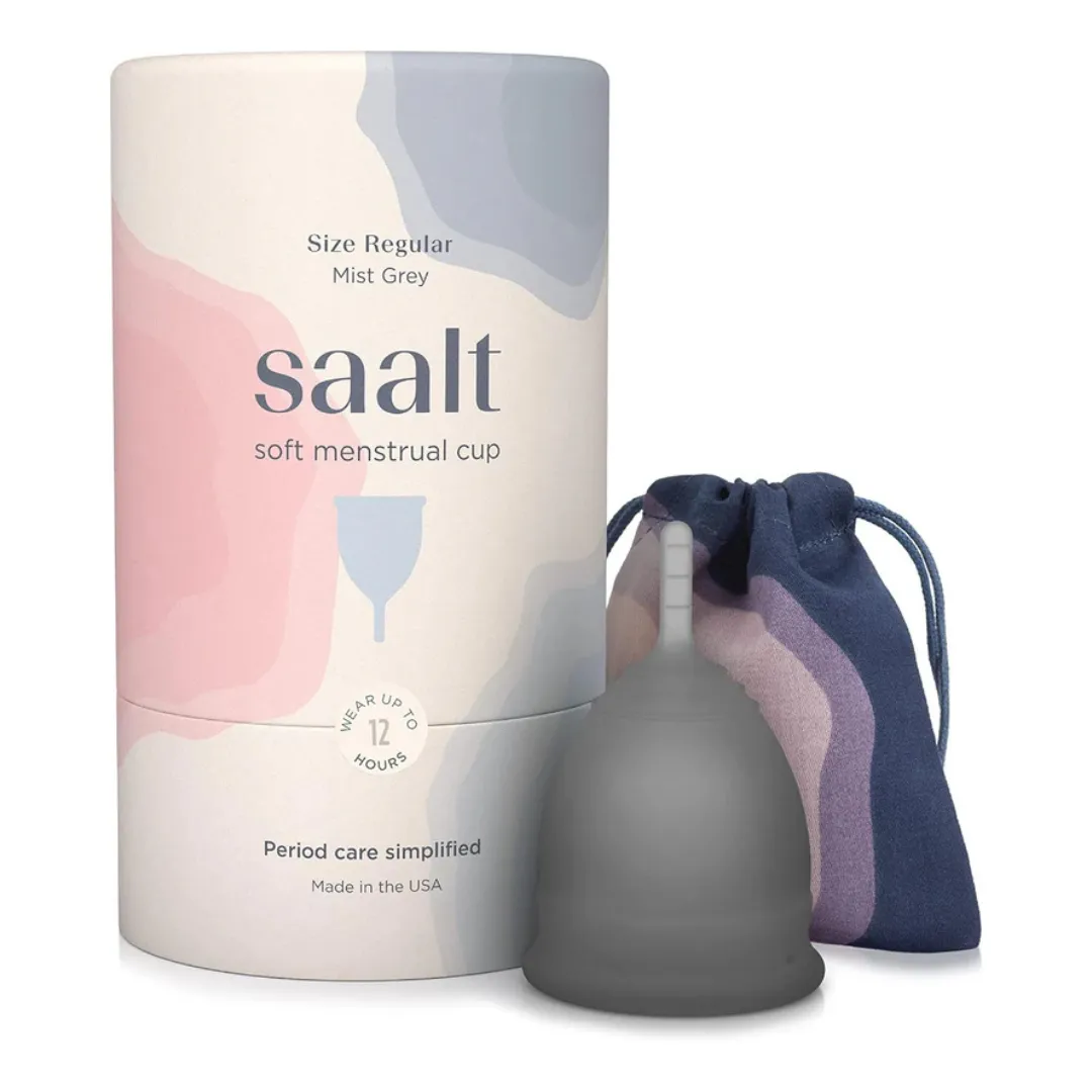 Saalt, Soft Menstrual Cup - Super Soft and Flexible - Best Sensitive Cup - Wear for 12 Hours - Tampon and Pad Alternative (Grey, Regular)