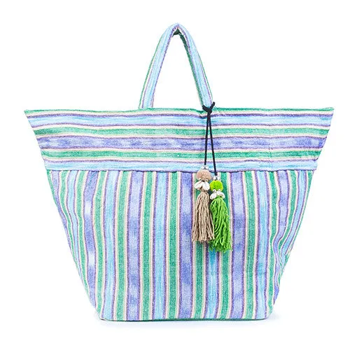 Samui Stripe Puka Tassel Beach Bag Green