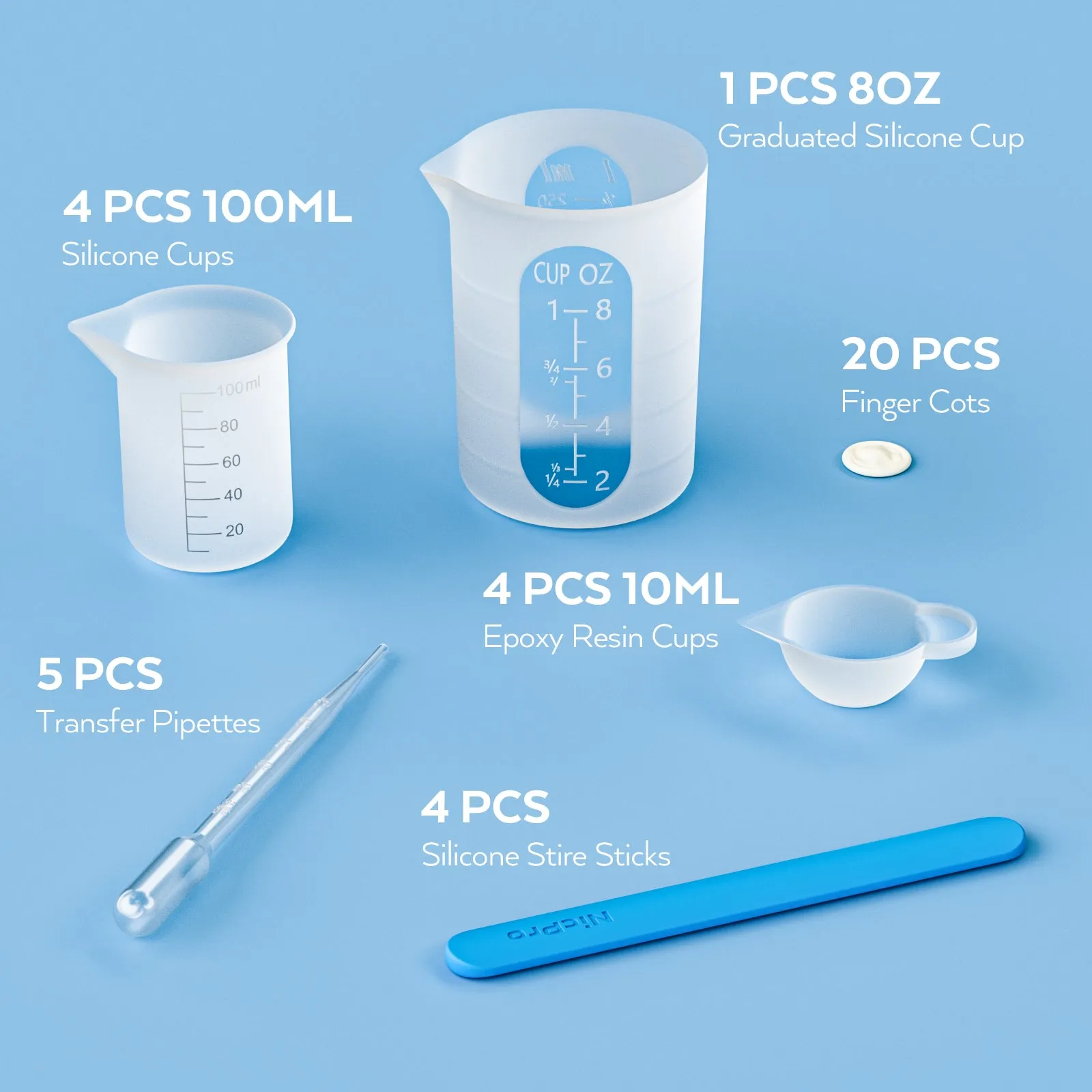 Silicone Resin Measuring Cups Tool Kit- Nicpro 250 & 100 ml Measure Cups, Silicone Popsicle Stir Sticks, Pipettes, Finger Cots for Epoxy Resin Mixing, Molds, Jewelry Making, Waxing, Easy Clean