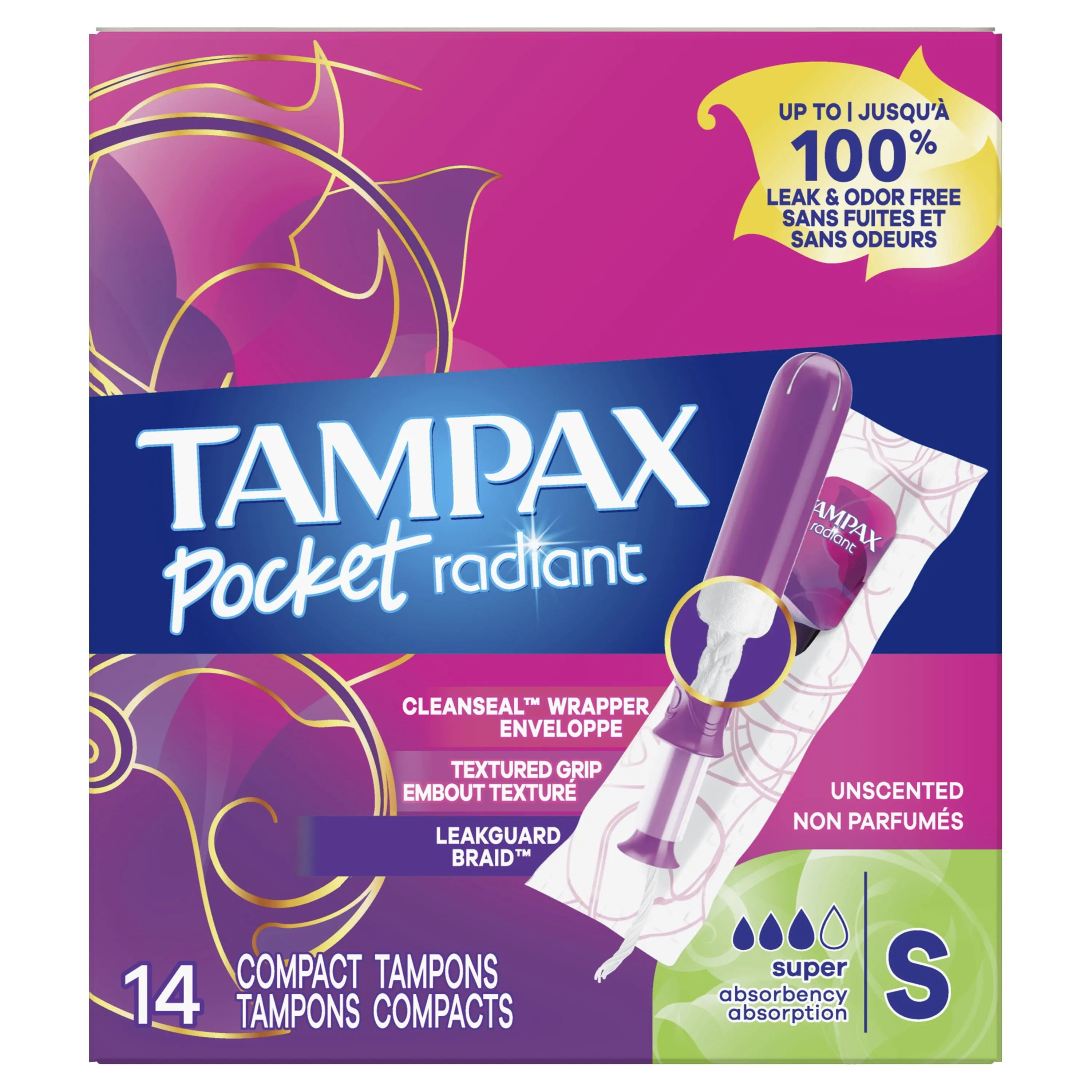 Tampax Pocket Radiant Tampons with Leak Guard Braid, Super Absorbency, 14 Ct