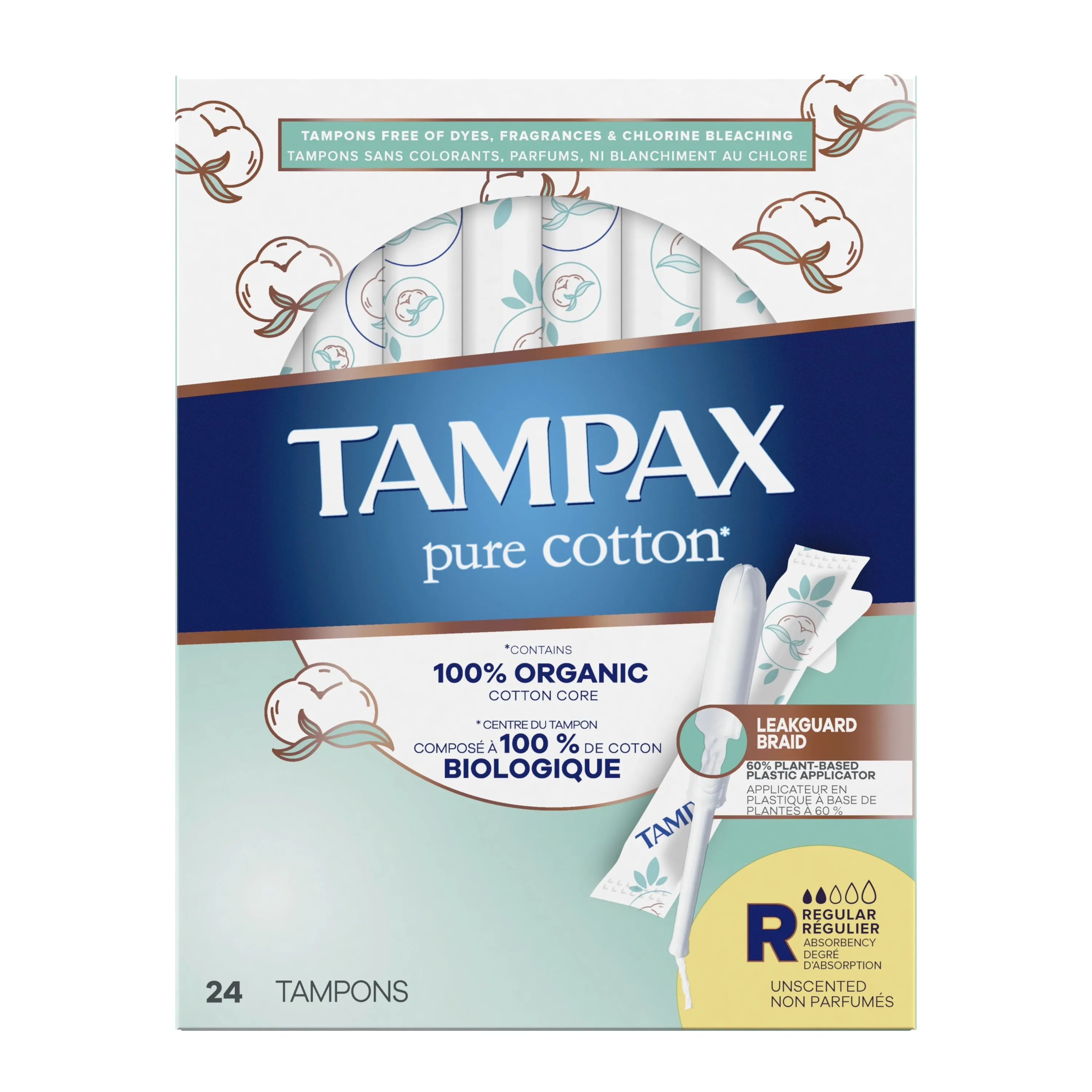 Tampax Pure Cotton Tampons, Unscented, Regular Absorbency, 24 Ct